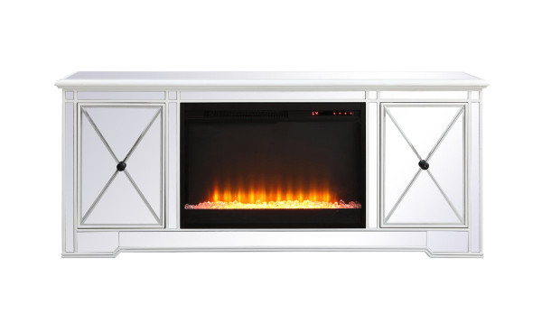 Modern 60 In. Mirrored Tv Stand With Crystal Fireplace In Antique White MF60160AW-F2 By Elegant Lighting