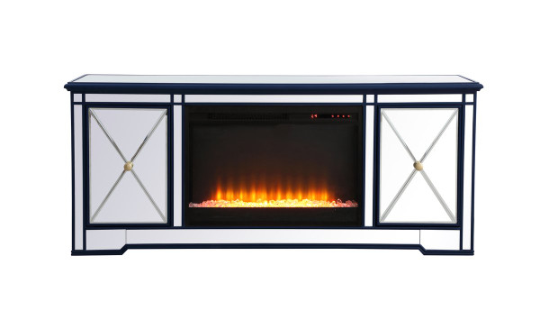 Modern 60 In. Mirrored Tv Stand With Crystal Fireplace In Blue MF60160BL-F2 By Elegant Lighting
