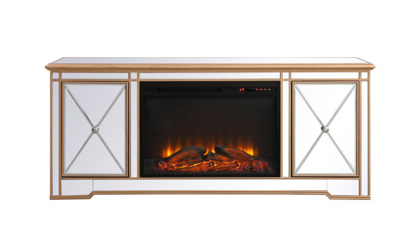 Modern 60 In. Mirrored Tv Stand With Wood Fireplace In Antique Gold MF60160G-F1 By Elegant Lighting