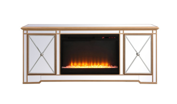 Modern 60 In. Mirrored Tv Stand With Crystal Fireplace In Antique Gold MF60160G-F2 By Elegant Lighting