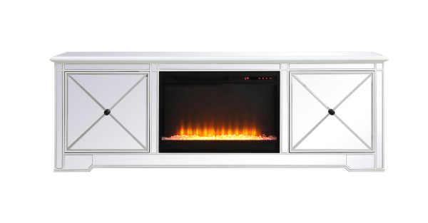 Modern 72 In. Mirrored Tv Stand With Crystal Fireplace In Antique White MF60172AW-F2 By Elegant Lighting