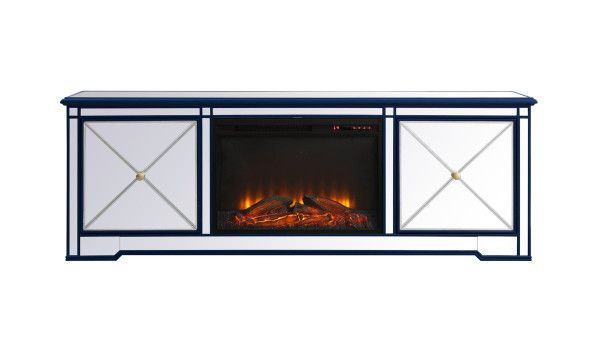 Modern 72 In. Mirrored Tv Stand With Wood Fireplace In Blue MF60172BL-F1 By Elegant Lighting