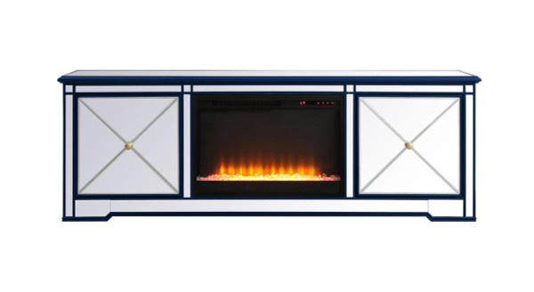 Modern 72 In. Mirrored Tv Stand With Crystal Fireplace In Blue MF60172BL-F2 By Elegant Lighting