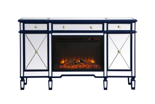 Contempo 60 In. Mirrored Credenza With Wood Fireplace In Blue MF61060BL-F1 By Elegant Lighting