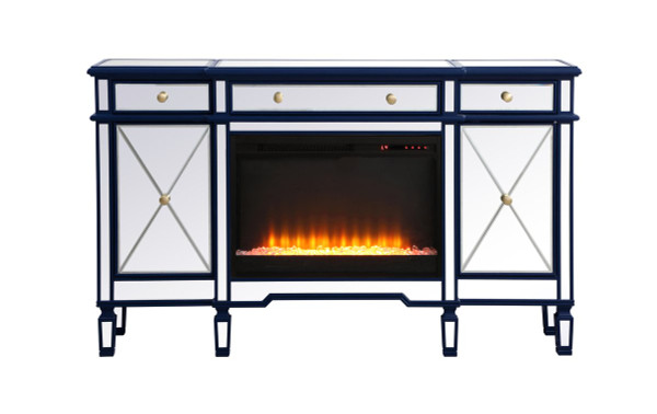 Contempo 60 In. Mirrored Credenza With Crystal Fireplace In Blue MF61060BL-F2 By Elegant Lighting