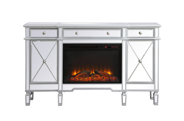 Contempo 60 In. Mirrored Credenza With Wood Fireplace In Antique Silver MF61060SC-F1 By Elegant Lighting
