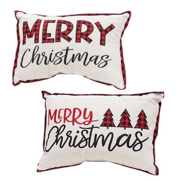 CWI Gifts G2540180 Embroidered Buffalo Check Trim Merry Christmas Pillow 2 Asstd (Pack Of 2)