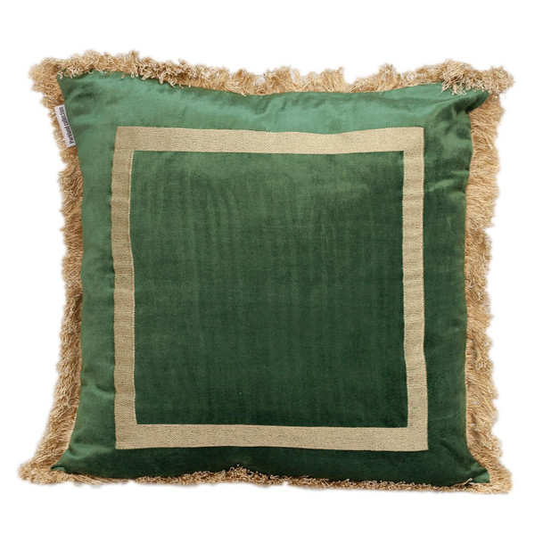 Boho Green With Gold Fringe Decorative Square Throw Pillow 402683 By Homeroots