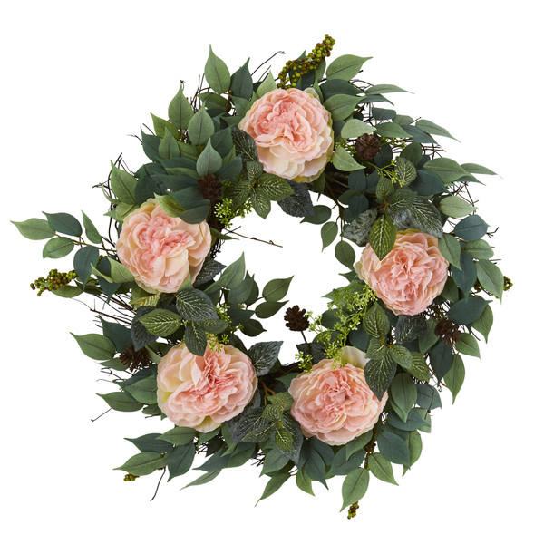23" Mixed Greens And Peony Artificial Wreath 4415 By Nearly Natural
