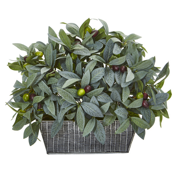 13" Olive With Berries Artificial Plant In Embossed Tin Planter 8918 By Nearly Natural