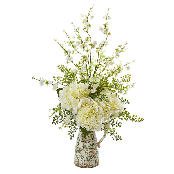 27" Cherry Blossom, Hydrangea And Maiden Hair Artificial Arrangement In Floral Pitcher - White A1237-WH By Nearly Natural