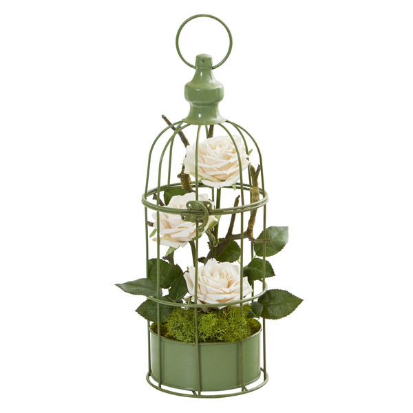 15" Triple Rose Artificial Arrangement In Decorative Cage - Champagne A1324-CH By Nearly Natural