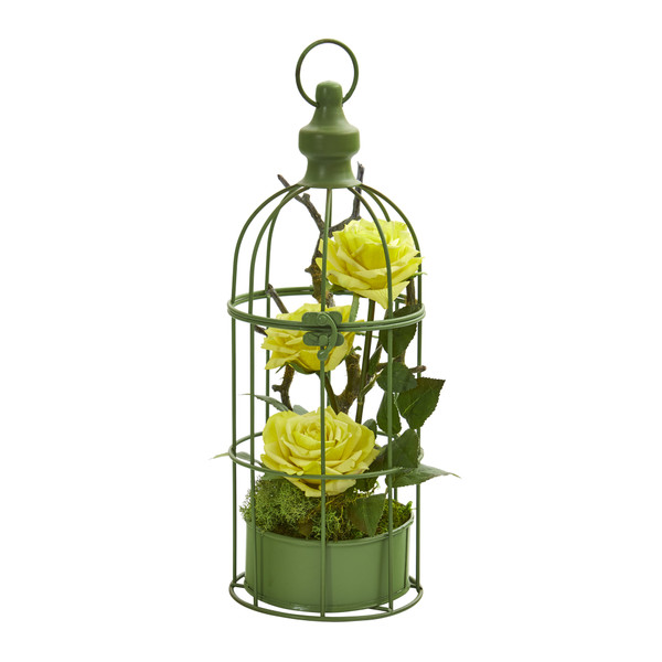 15" Triple Rose Artificial Arrangement In Decorative Cage - Light Yellow A1324-LY By Nearly Natural