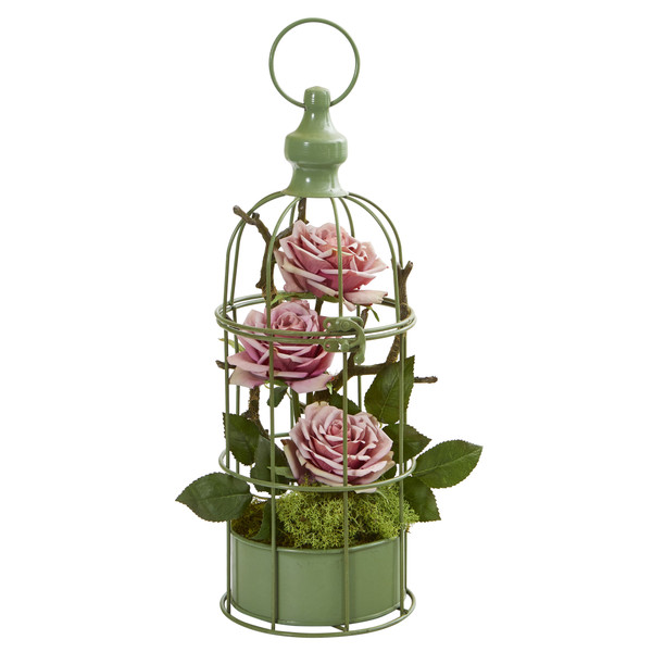 15" Triple Rose Artificial Arrangement In Decorative Cage - Mauve A1324-MA By Nearly Natural
