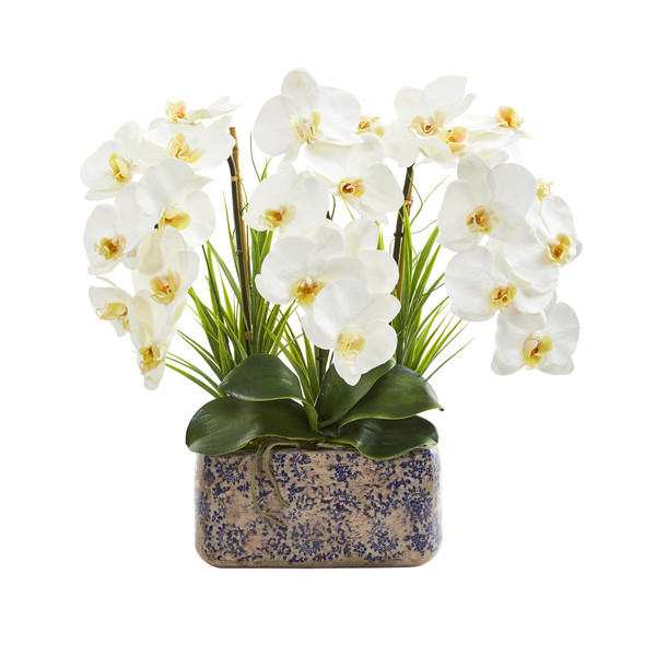 18" Triple Phalaenopsis Orchid Artificial Arrangement In Vintage Vase A1358 By Nearly Natural