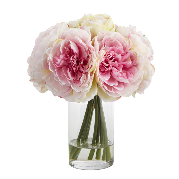 11" Peony Bouquet Artificial Arrangement In Glass Vase - Pink A1429-PK By Nearly Natural