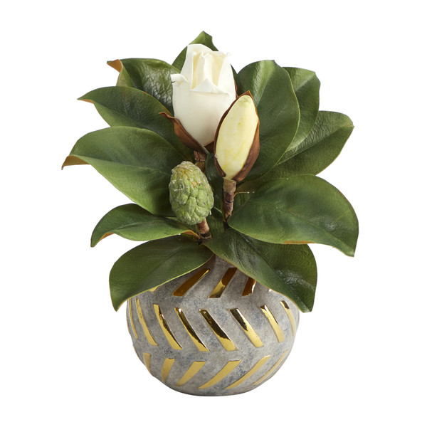 12" Magnolia Artificial Plant In Planter With Gold Trimming P1358 By Nearly Natural