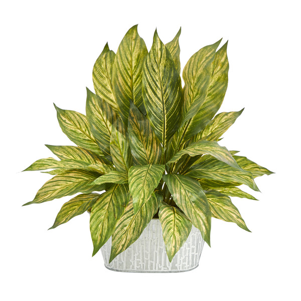 15" Musa Leaf Artificial Plant In White Tin Planter - Yellow Green P1376-YG By Nearly Natural