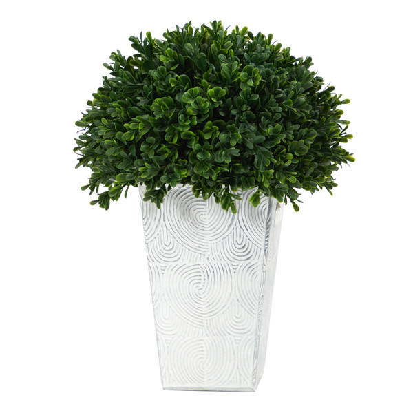 13" Boxwood Topiary Artificial Plant In Embossed White Planter UV Resistant (Indoor/Outdoor) P1387 By Nearly Natural