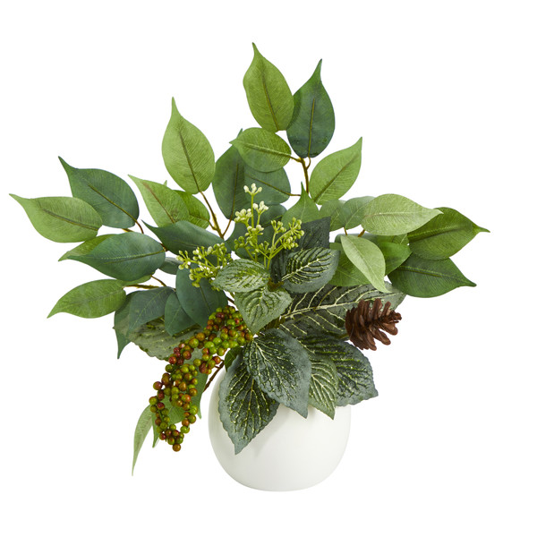 13" Mixed Greens Artificial Plant In White Planter P1491 By Nearly Natural