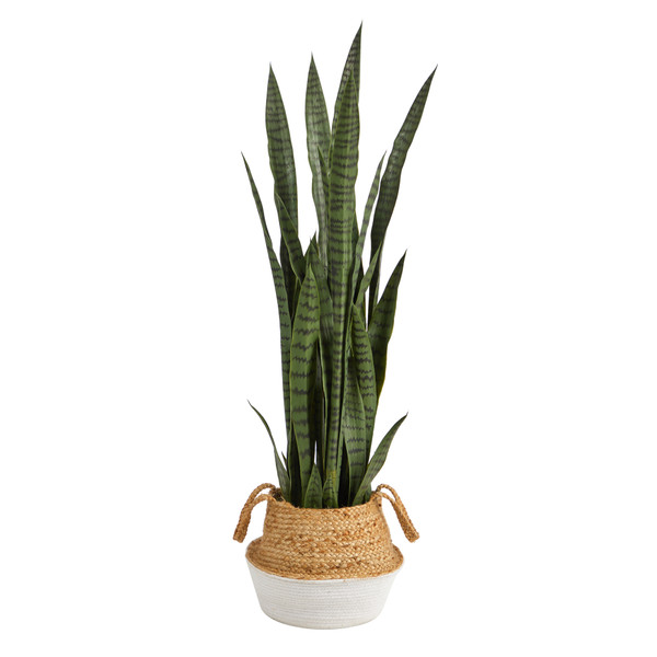 46" Sansevieria Artificial Plant In Boho Chic Handmade Cotton & Jute White Woven Planter P1763 By Nearly Natural
