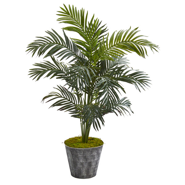 52" Paradise Palm Artificial Tree In Black Embossed Tin Planter T1014 By Nearly Natural