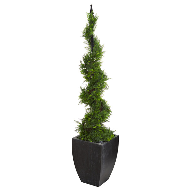 5' Cypress Artificial Spiral Topiary Tree In Black Planter T1194 By Nearly Natural