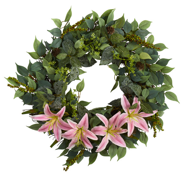 23" Mixed Ruscus, Lily, Fittonia And Berries Artificial Wreath W1018 By Nearly Natural