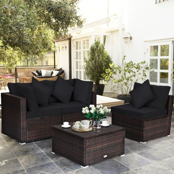 HW66750ADK+ 4 Pieces Ottoman Garden Patio Rattan Wicker Furniture Set With Cushion-Black