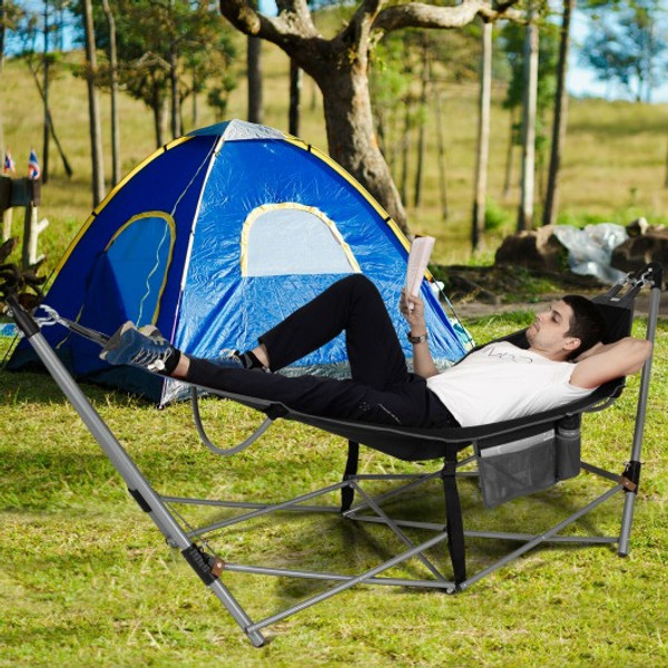 NP10175DK Folding Hammock Indoor Outdoor Hammock With Side Pocket And Iron Stand-Black