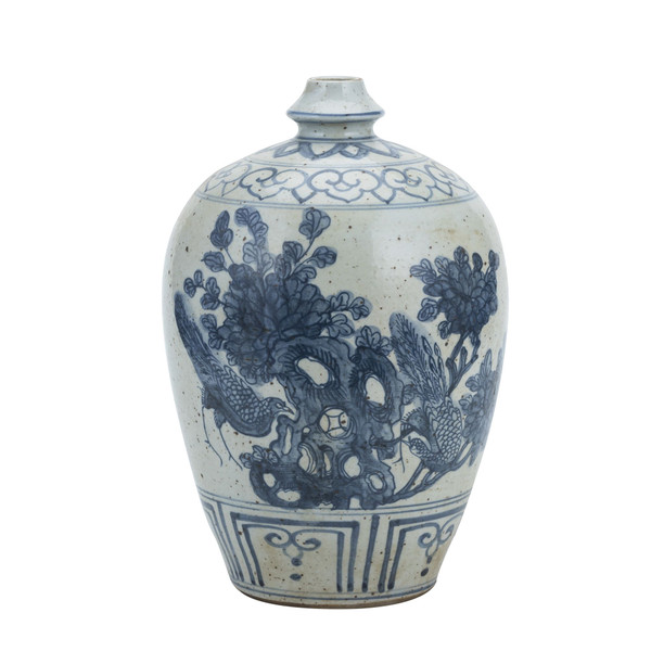 Blue And White Garlic Head Vase Flower Bird Motif 1599K