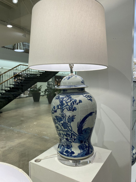 Blue & White Magnolia Pheasant Porcelain Temple Jar Lamp Acrylic Base L1584