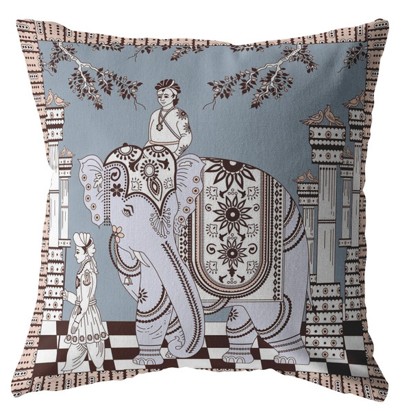 16" Blue Brown Ornate Elephant Indoor Outdoor Zippered Throw Pillow 412789 By Homeroots