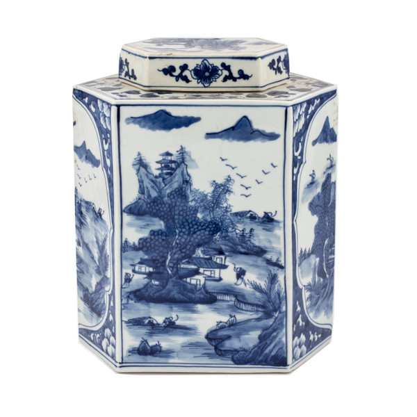 Blue And White Flat Hex Jar River Village Scene 1304E