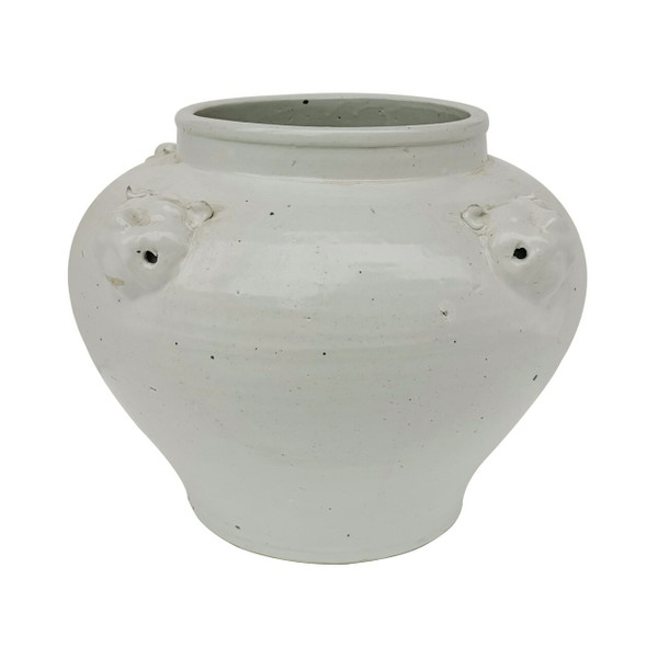 Four Lion Head Handle Jar White Crackle 1537-WC