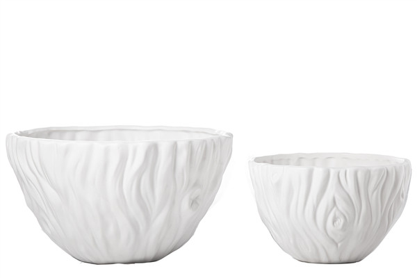 Ceramic Round Pot Molded In Tree Texture Design Body Set Of Two Matte Finish White 11062 By Urban Trends