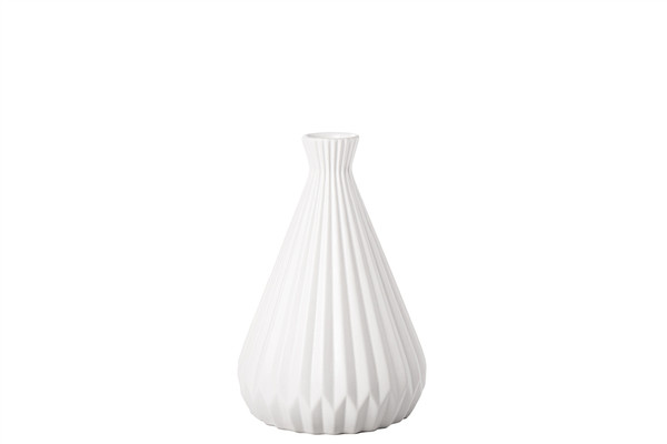 Ceramic Round Vase With Trumpet Mouth, Corrugated Design Body And Flared Bottom Matte Finish White (Pack Of 4) 11066 By Urban Trends