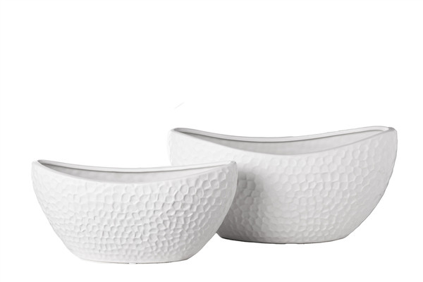 Ceramic Oval Pot With Pressed Geometric Pattern Design Body Set Of Two Matte Finish White 11068 By Urban Trends