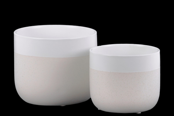 Ceramic Round Pot With Banded White Rim Top, Stipple Design Body And Tapered Bottom Set Of Two Matte Finish Cream 11441 By Urban Trends