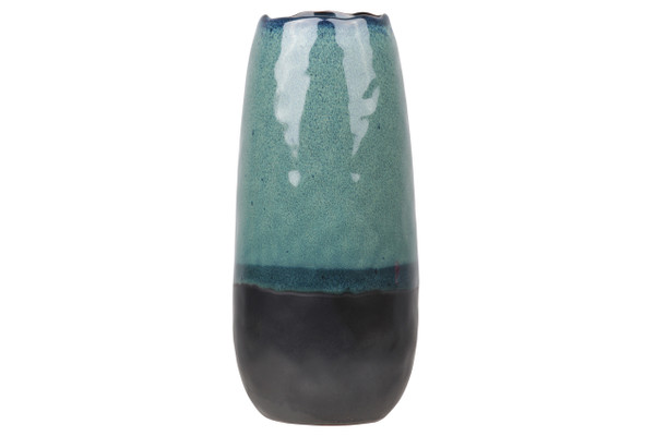 Ceramic Tall Round Vase With Irregular Mouth And Faded Blue Rim Top And Black Banded Bottom Lg Gloss Finish Aquamarine (Pack Of 6) 11449 By Urban Trends