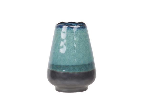Ceramic Round Bellied Vase With Irregular Mouth, Faded Blue Rim Top And Black Banded Bottom And Base Sm Gloss Finish Aquamarine (Pack Of 6) 11456 By Urban Trends