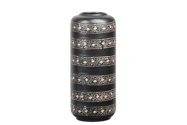 Ceramic Tall Round Vase With Narrow Mouth And Tribal Banded Pattern Design Body Sm Sheen Coated Finish Charcoal (Pack Of 6) 11464 By Urban Trends
