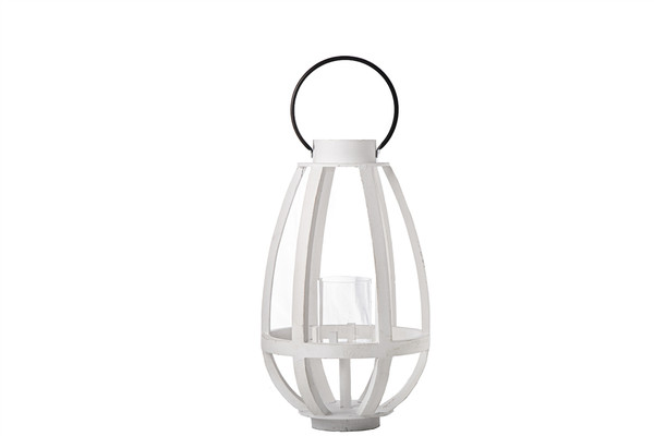 Wood Round Bellied Lantern With Metal Top Ring Handle, Candle Glass Holder And Window Pane Design Painted Finish White (Pack Of 2) 12107 By Urban Trends