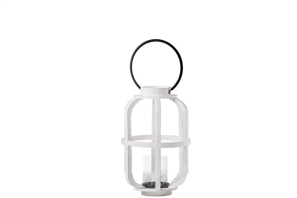 Wood Round Lantern With Metal Top Ring Handle, Candle Glass Holder And Window Pane Design Painted Finish White (Pack Of 4) 12109 By Urban Trends