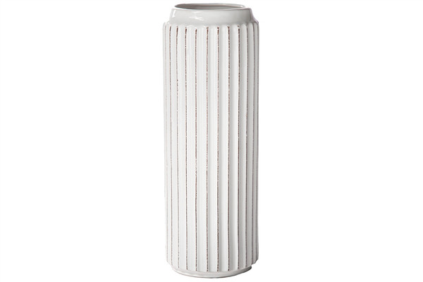 Ceramic Round Vase With Wide Top Opening And Embossed Corrugated Pattern Design Body Lg Distressed Finish White (Pack Of 4) 12747 By Urban Trends