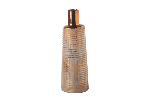 Ceramic Round Bottle Vase With Brushed Banded Lattice Design Body Lg Gloss Finish Gold (Pack Of 4) 15102 By Urban Trends
