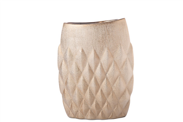 Ceramic Oval Vase With Wide Mouth, Brushed Banded Top And Embossed Diamond Pattern Design Body Gloss Finish Gold (Pack Of 4) 15108 By Urban Trends