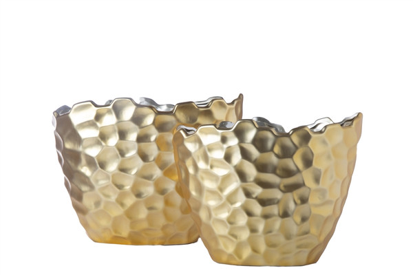 Ceramic Oval Pot With Irregular Lip, Geometric Pattern And Tapered Bottom Set Of Two Matte Finish Gold 15204 By Urban Trends