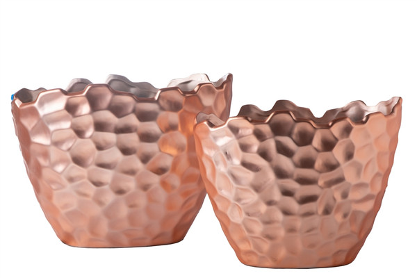 Ceramic Oval Pot With Irregular Lip, Geometric Pattern And Tapered Bottom Set Of Two Matte Finish Rose Gold 15205 By Urban Trends