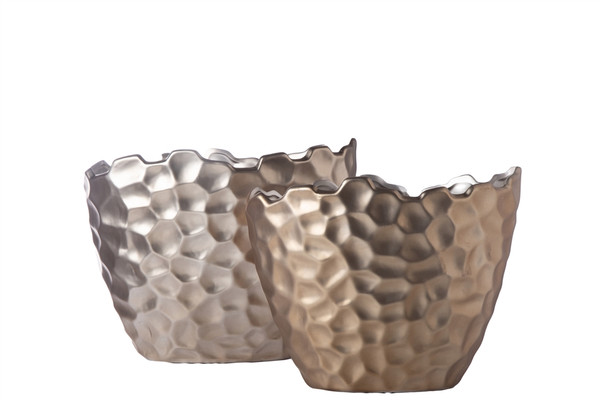 Ceramic Oval Pot With Irregular Lip, Geometric Pattern And Tapered Bottom Set Of Two Matte Finish Dark Silver 15206 By Urban Trends